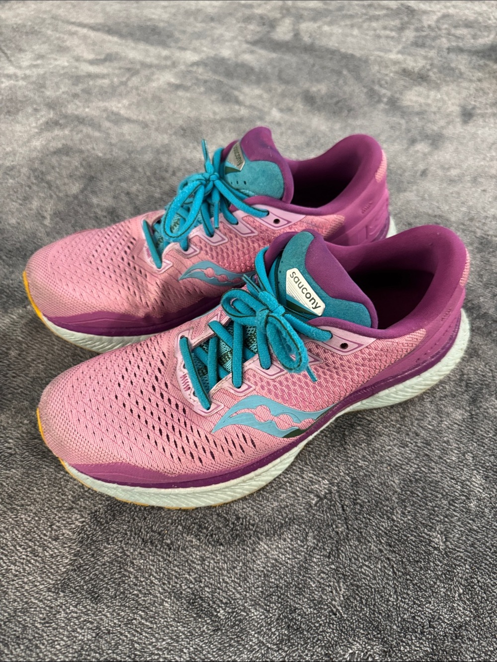 Saucony Women's Pink Running Shoes with Teal Laces and Purple Trim